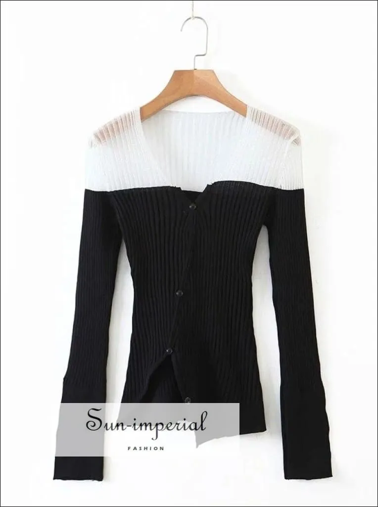 Sun-imperial Black and white V Neck Contrast Panel Ribbed Knit Cardigan with Asymmetric Hem