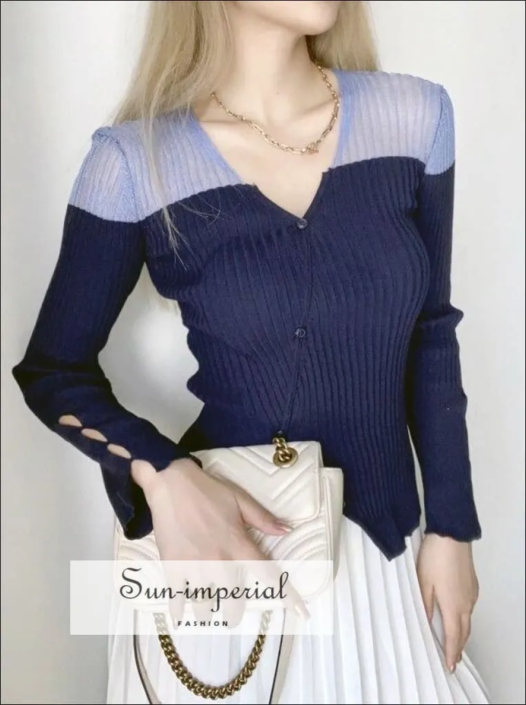 Sun-imperial Black and white V Neck Contrast Panel Ribbed Knit Cardigan with Asymmetric Hem