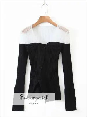 Sun-imperial Black and white V Neck Contrast Panel Ribbed Knit Cardigan with Asymmetric Hem