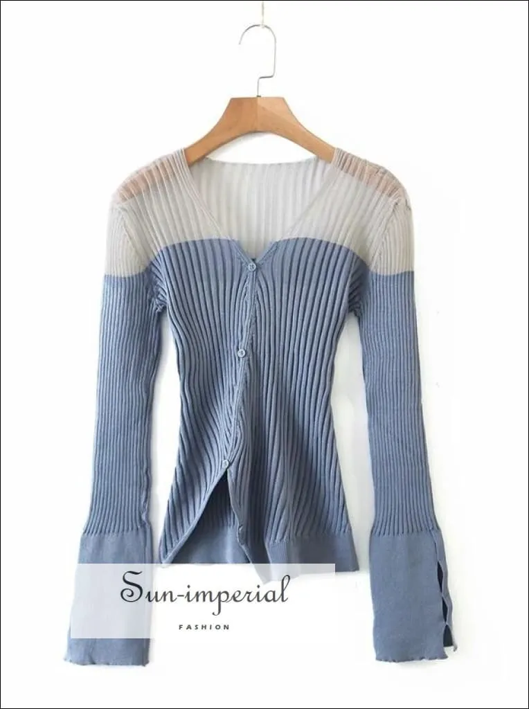 Sun-imperial Black V Neck Contrast Panel Ribbed Knit Cardigan with Asymmetric Hem