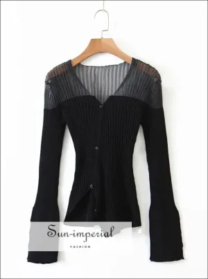 Sun-imperial Black V Neck Contrast Panel Ribbed Knit Cardigan with Asymmetric Hem