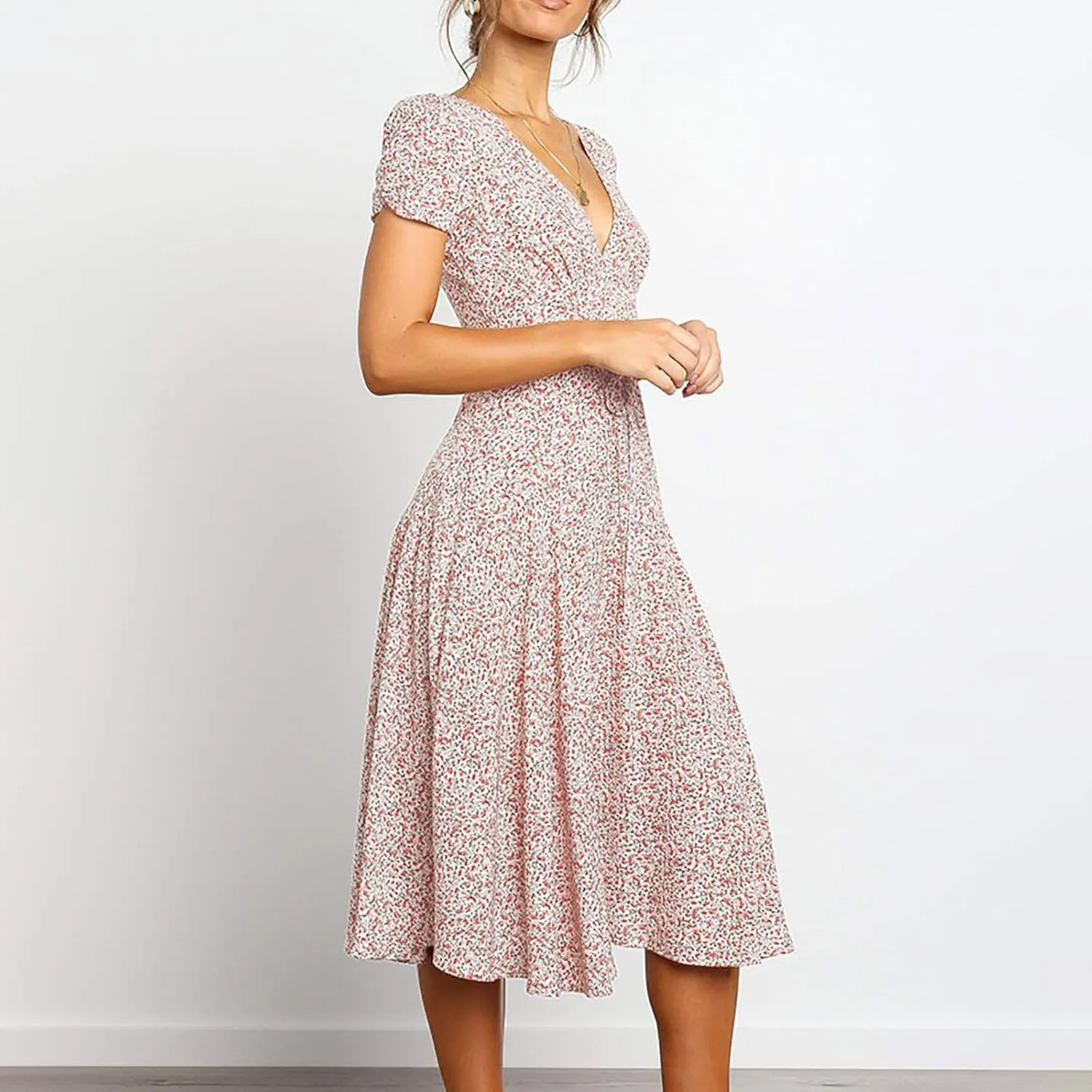 Sundresses for Women 2024 Summer Casual Floral Print Boho Midi Dress High Waisted Flowy V Neck Short Sleeve Long Dresses