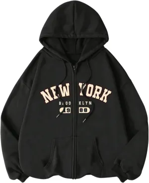 SweatyRocks Women's Sweatshirts Hoodies Graphic Print Casual Zip Up Long Sleeve Pullover Top with Pockets