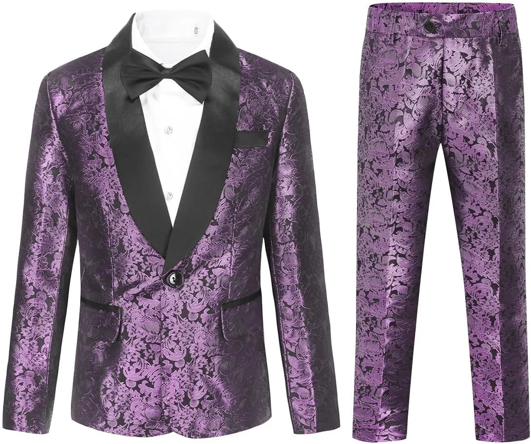 SWOTGdoby Boys Suit Formal Tuexdo Golden Jacquard Slim Fit 2 Pieces Suit Set Jacket Pants for Wedding Prom Party