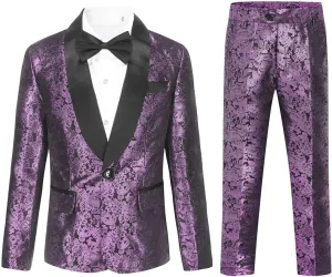 SWOTGdoby Boys Suit Formal Tuexdo Golden Jacquard Slim Fit 2 Pieces Suit Set Jacket Pants for Wedding Prom Party