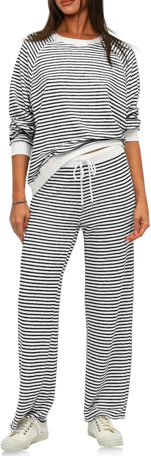 Tankaneo Womens Sweatsuits 2 Piece Sets Striped Long Sleeve Sweatshirt Wide Leg Pants Tracksuit Lounge Set