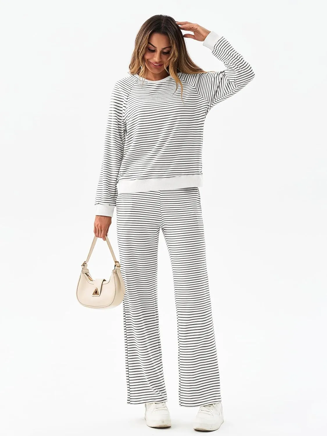 Tankaneo Womens Sweatsuits 2 Piece Sets Striped Long Sleeve Sweatshirt Wide Leg Pants Tracksuit Lounge Set