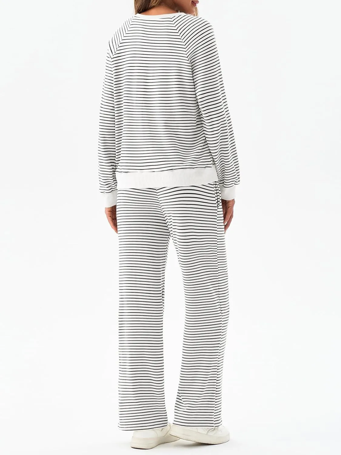 Tankaneo Womens Sweatsuits 2 Piece Sets Striped Long Sleeve Sweatshirt Wide Leg Pants Tracksuit Lounge Set