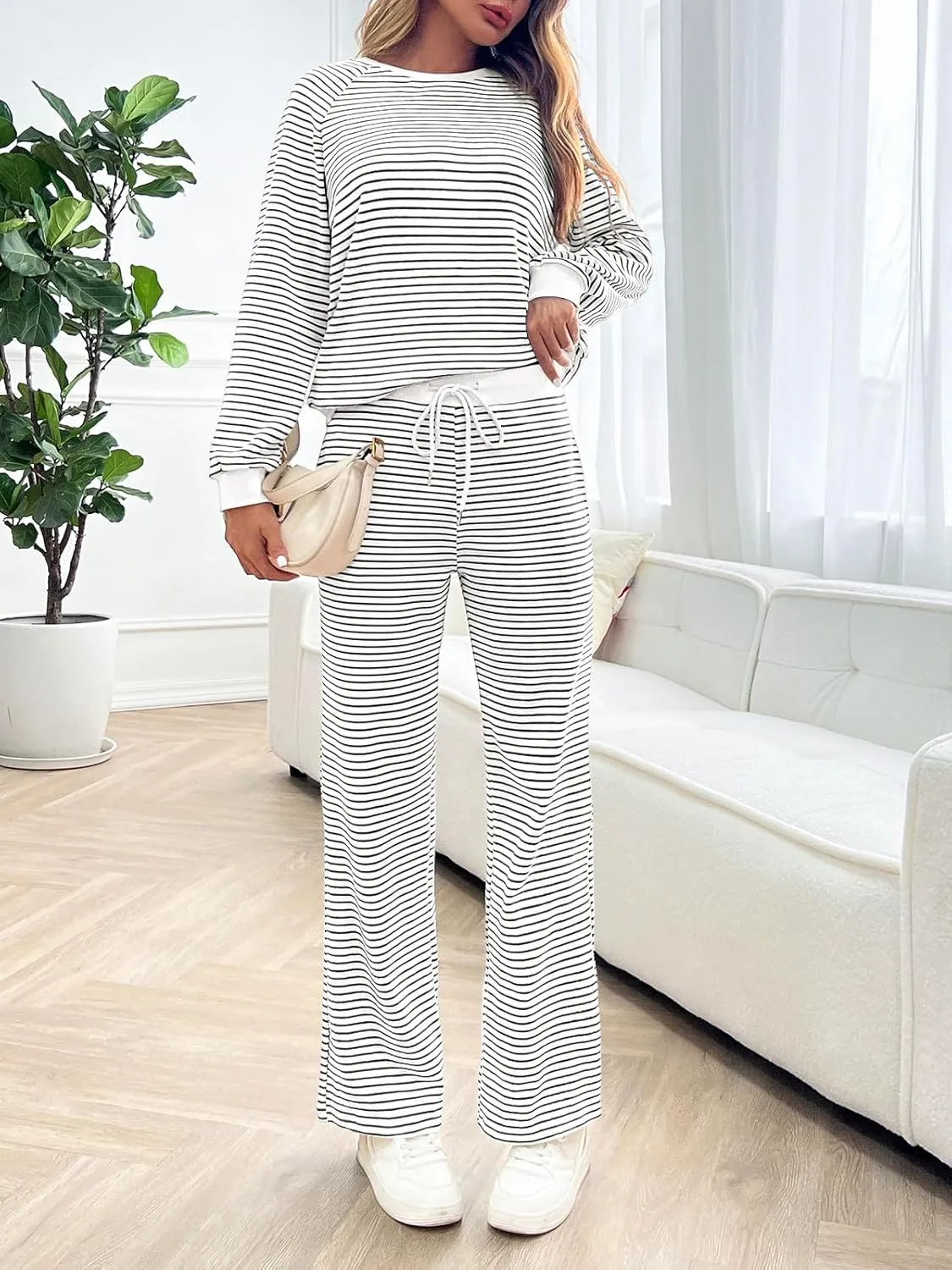 Tankaneo Womens Sweatsuits 2 Piece Sets Striped Long Sleeve Sweatshirt Wide Leg Pants Tracksuit Lounge Set