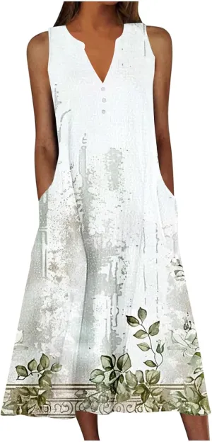 Vacation Dresses for Women 2025 Sleeveless Boho Floral Sundress V-Neck Summer Beach Flowy Dress with Pockets