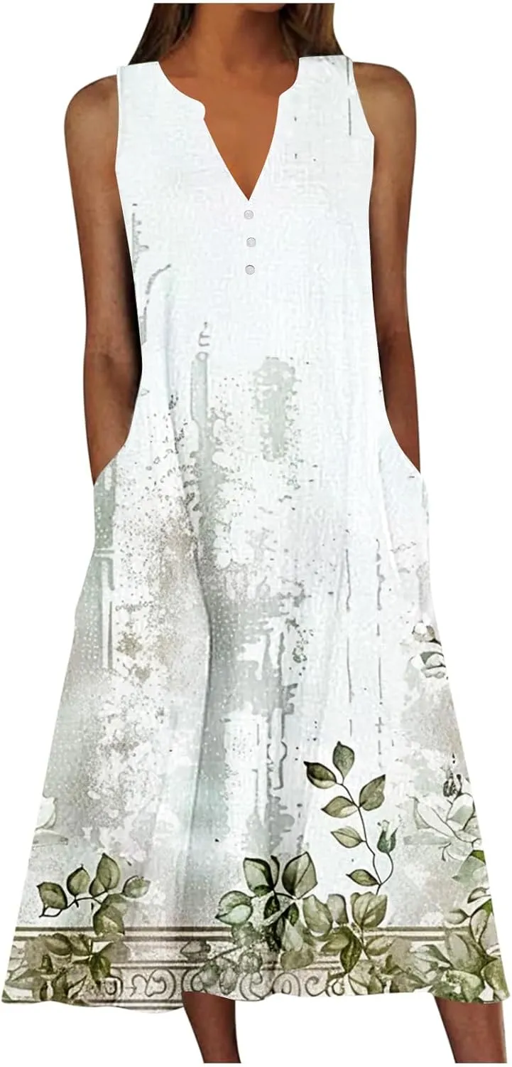 Vacation Dresses for Women 2025 Sleeveless Boho Floral Sundress V-Neck Summer Beach Flowy Dress with Pockets