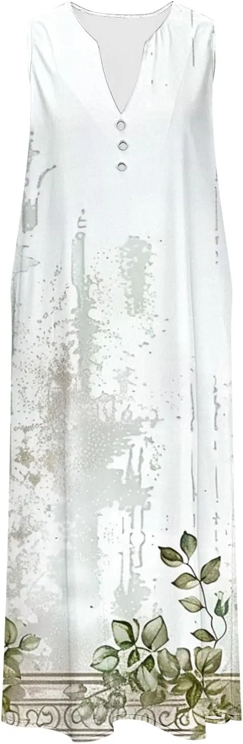 Vacation Dresses for Women 2025 Sleeveless Boho Floral Sundress V-Neck Summer Beach Flowy Dress with Pockets
