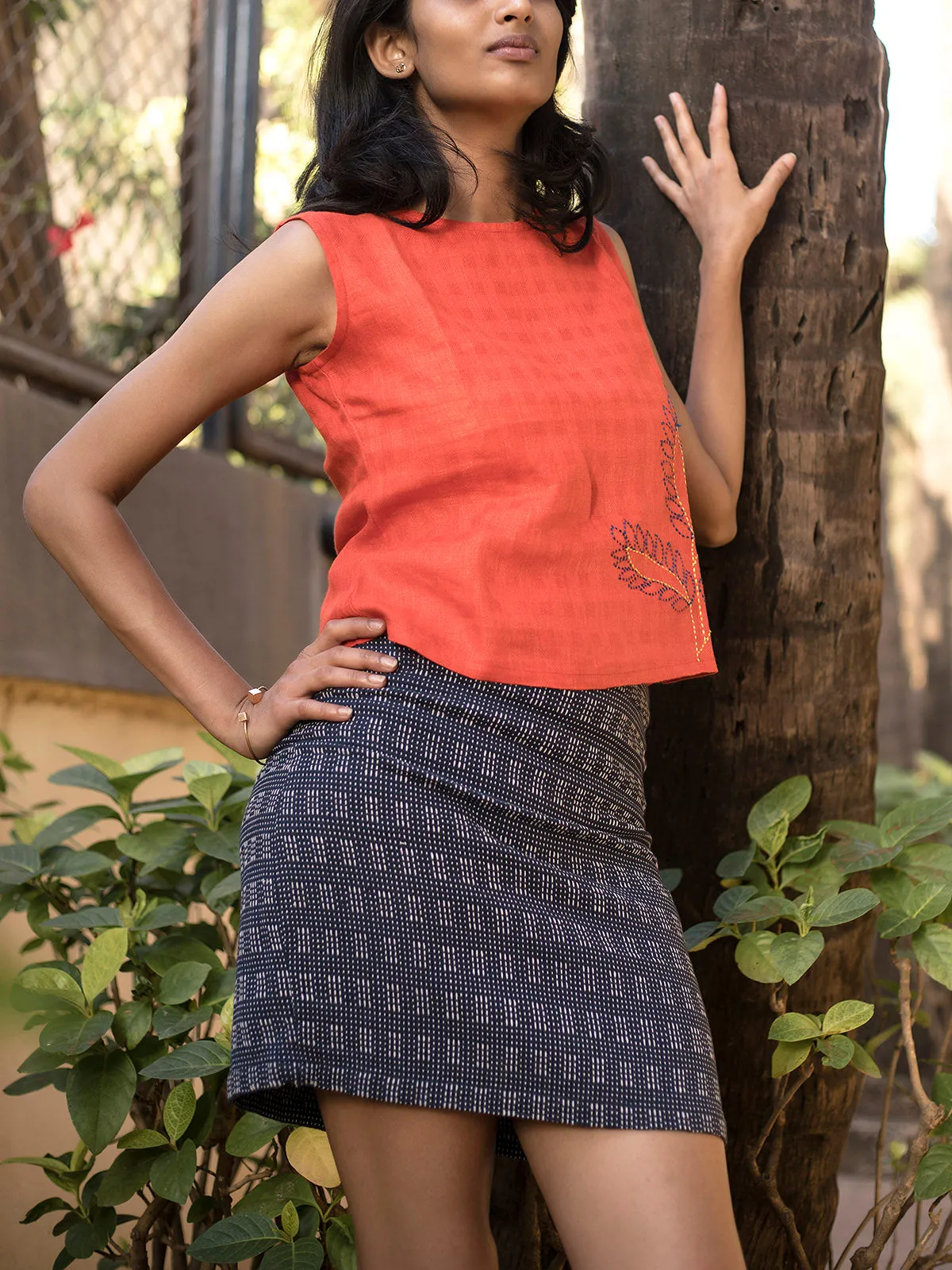 Vermilion spring Hand Emboidered Linen Top Red