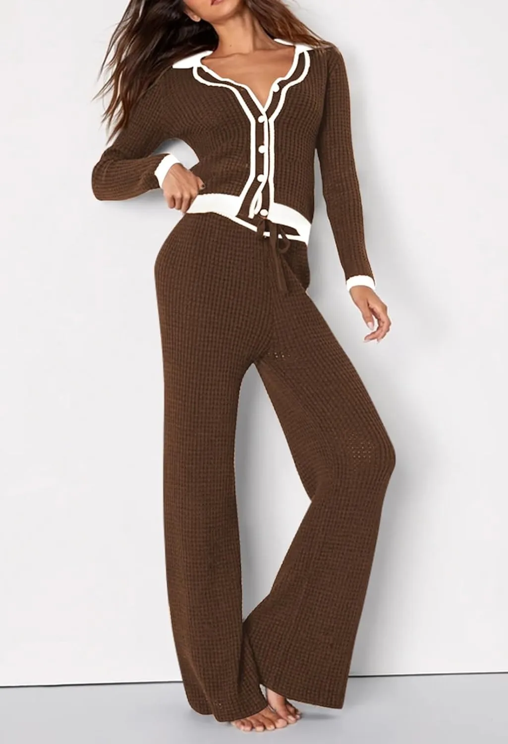 Viottiset Women's 2 Piece Outfits Sweatsuit Set Long Sleeve Button Sweatshirt Wide Leg Sweatpants Lounge Set Tracksuit