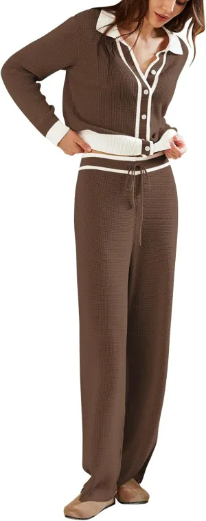 Viottiset Women's 2 Piece Outfits Sweatsuit Set Long Sleeve Button Sweatshirt Wide Leg Sweatpants Lounge Set Tracksuit