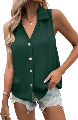 Vrtige Women's Casual Collar V Neck Button Down Sleeveless Tunic Blouse Shirt Tank Top
