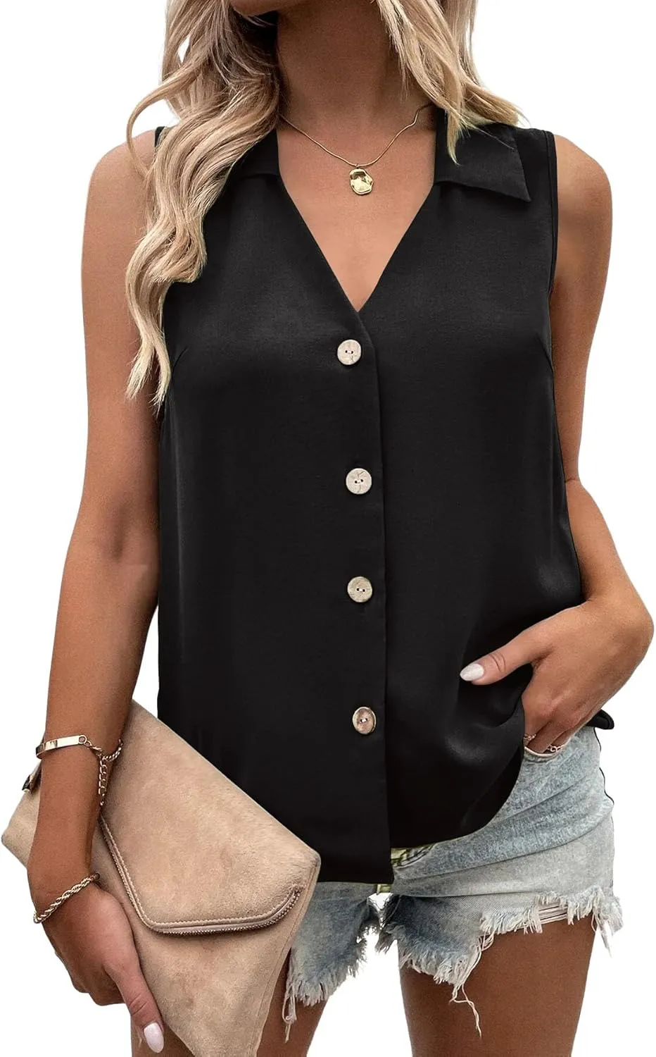Vrtige Women's Casual Collar V Neck Button Down Sleeveless Tunic Blouse Shirt Tank Top