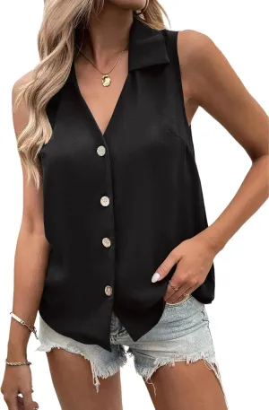 Vrtige Women's Casual Collar V Neck Button Down Sleeveless Tunic Blouse Shirt Tank Top