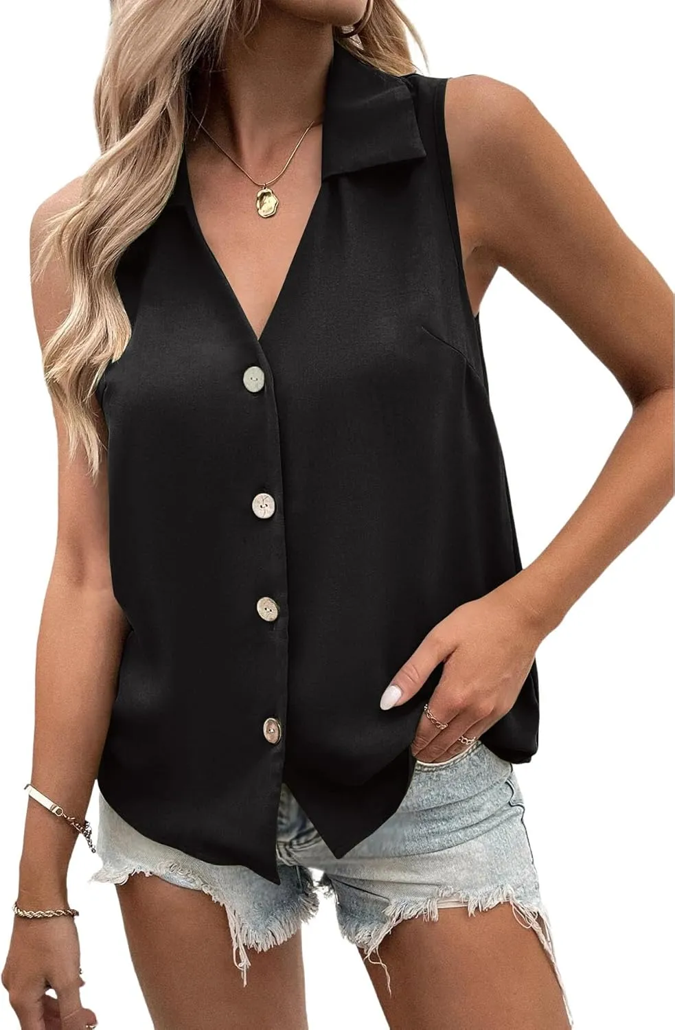 Vrtige Women's Casual Collar V Neck Button Down Sleeveless Tunic Blouse Shirt Tank Top