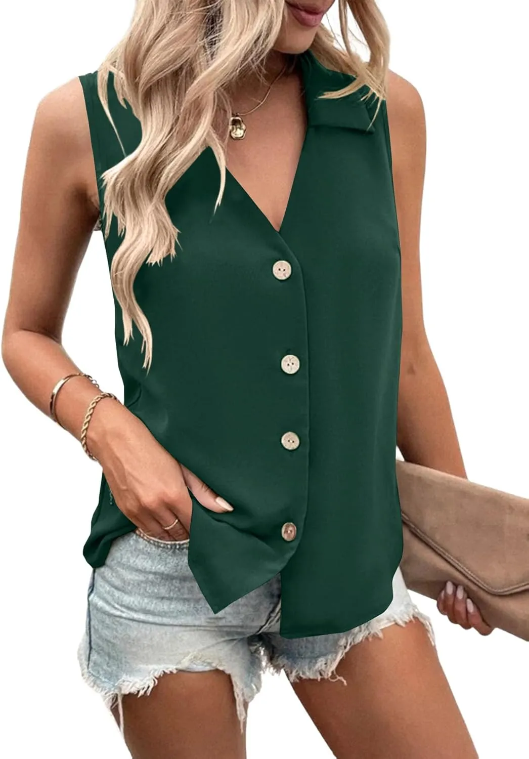 Vrtige Women's Casual Collar V Neck Button Down Sleeveless Tunic Blouse Shirt Tank Top