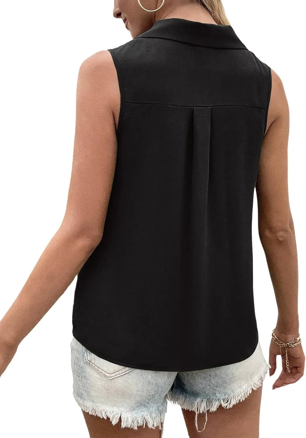 Vrtige Women's Casual Collar V Neck Button Down Sleeveless Tunic Blouse Shirt Tank Top