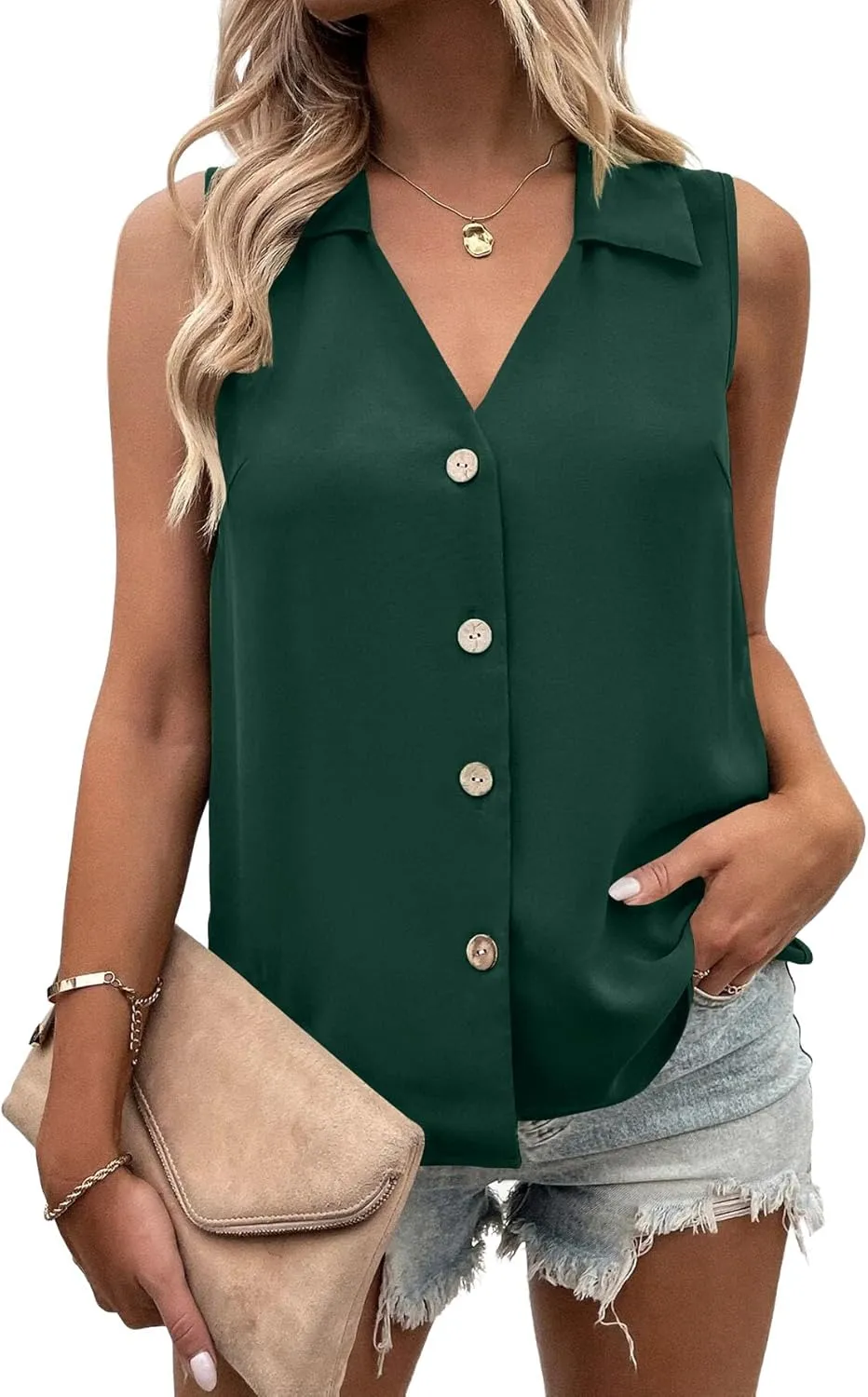 Vrtige Women's Casual Collar V Neck Button Down Sleeveless Tunic Blouse Shirt Tank Top