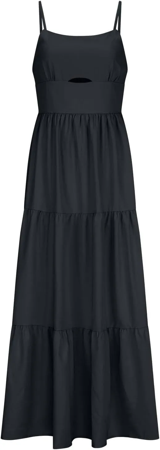 Women Dresses 2024 Summer Spaghetti Straps Sleeveless Hollow Out Sundress Flowy Smocked Lace Swing A Line Midi Dress