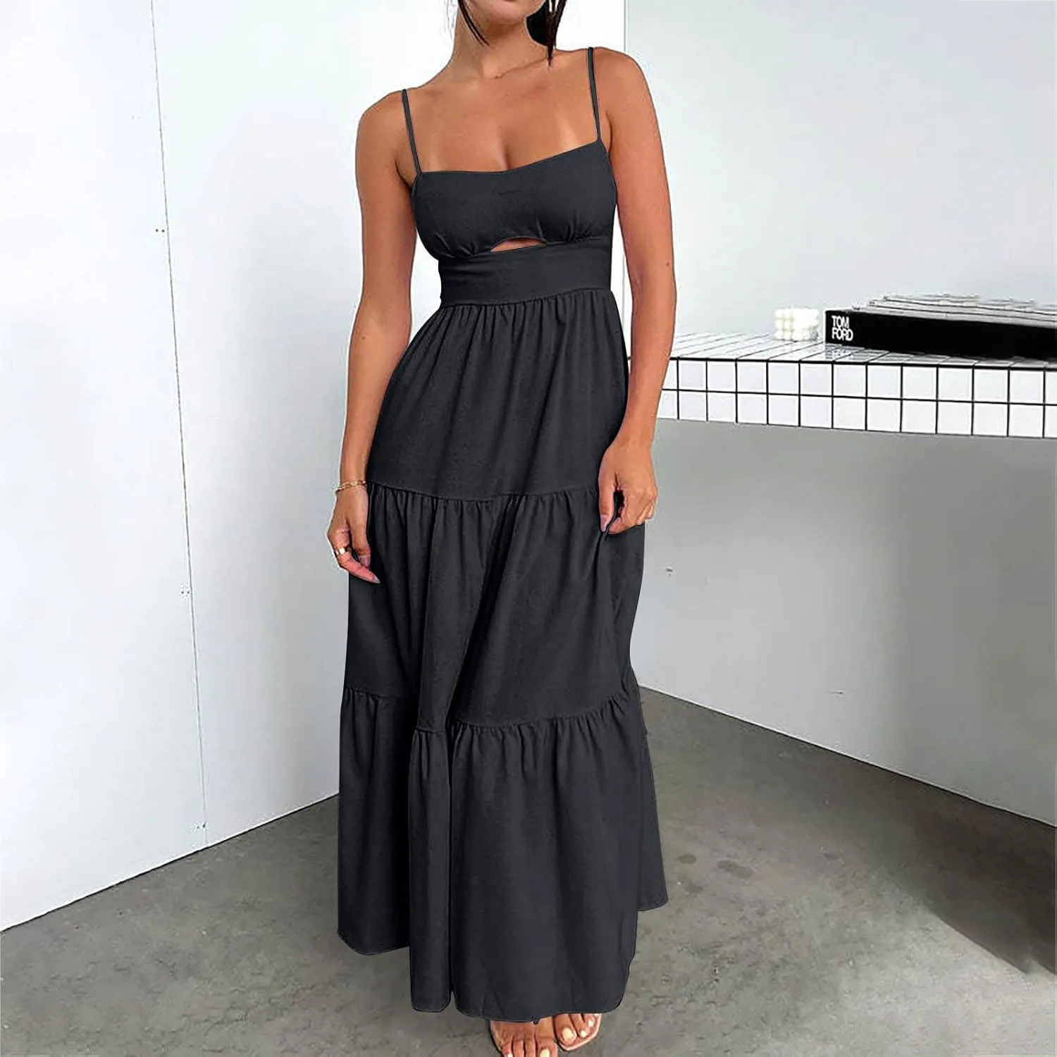 Women Dresses 2024 Summer Spaghetti Straps Sleeveless Hollow Out Sundress Flowy Smocked Lace Swing A Line Midi Dress