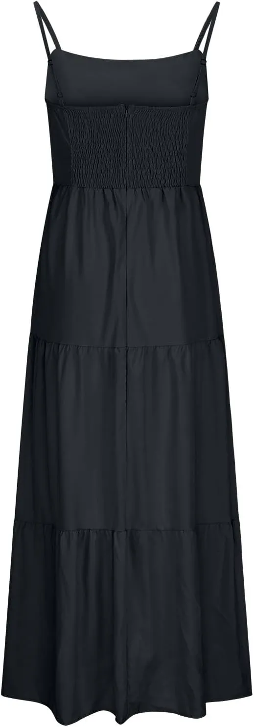 Women Dresses 2024 Summer Spaghetti Straps Sleeveless Hollow Out Sundress Flowy Smocked Lace Swing A Line Midi Dress