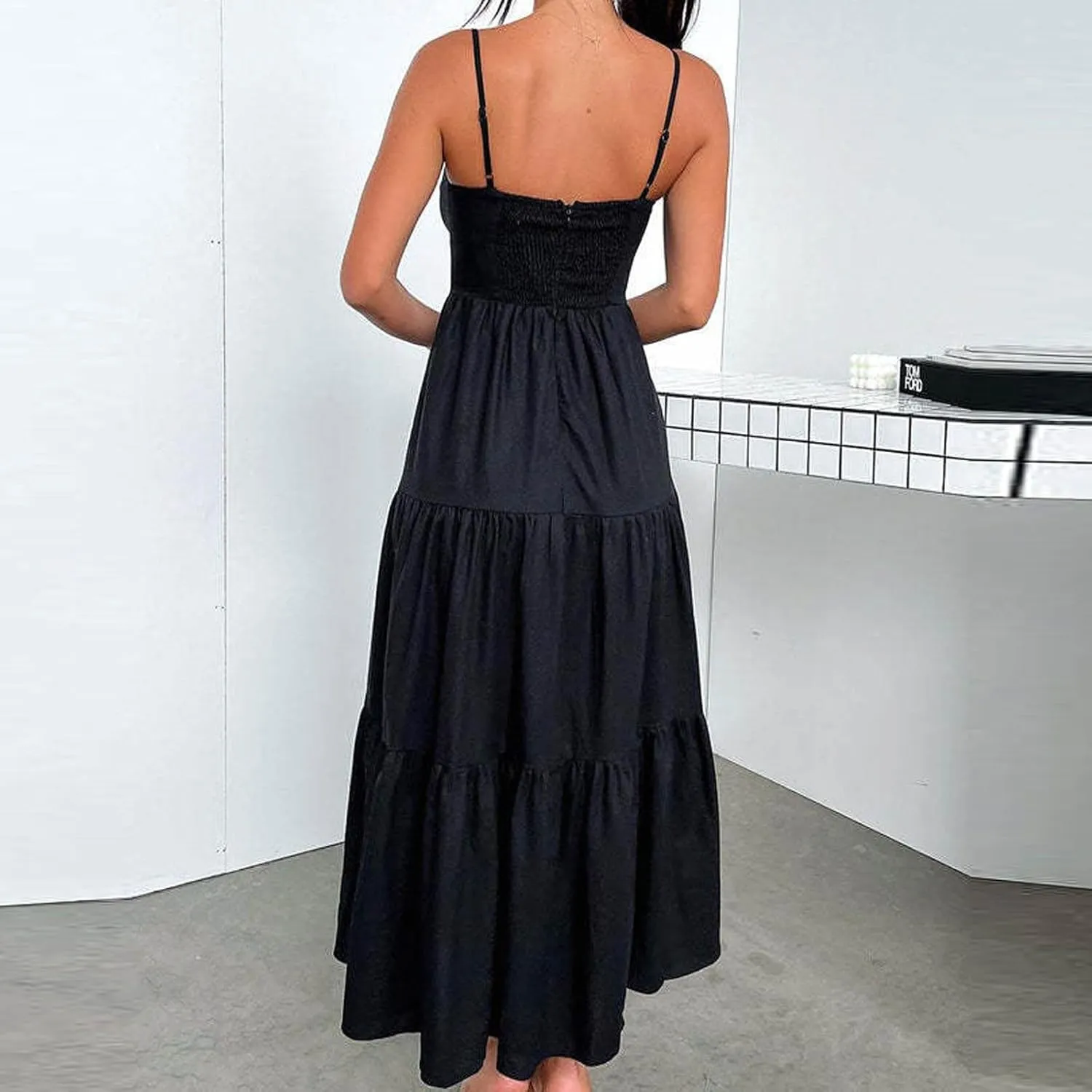 Women Dresses 2024 Summer Spaghetti Straps Sleeveless Hollow Out Sundress Flowy Smocked Lace Swing A Line Midi Dress