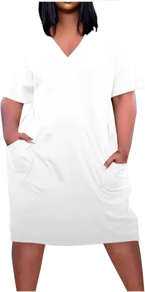 Women Oversized Shirt Dress V Neck Short Sleeve Midi Dresses Casual Summer Loose Plus Size Drees with Pockets