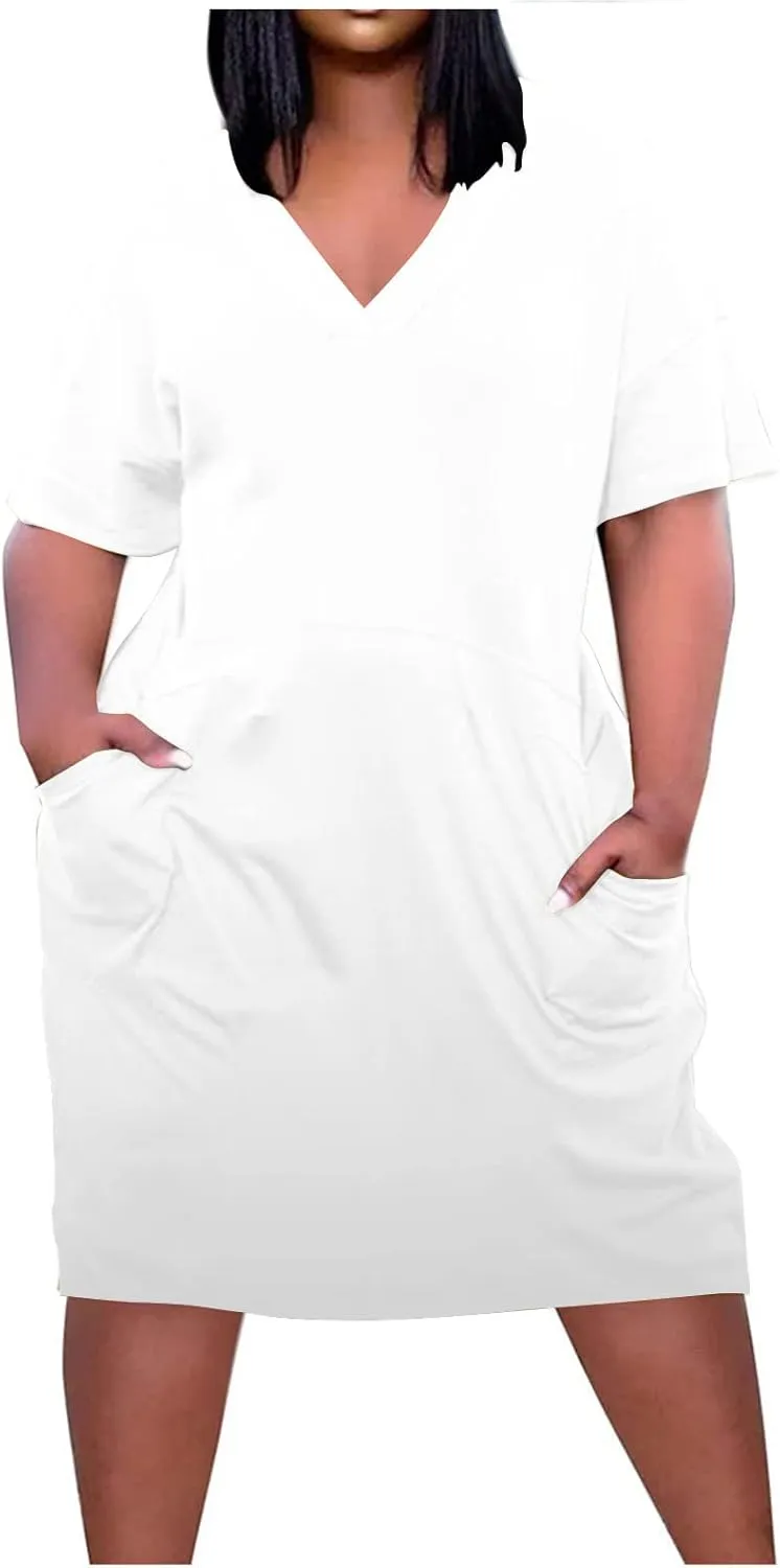 Women Oversized Shirt Dress V Neck Short Sleeve Midi Dresses Casual Summer Loose Plus Size Drees with Pockets