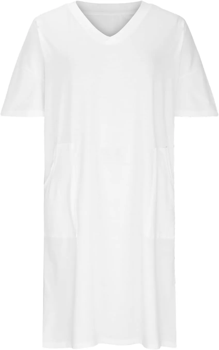 Women Oversized Shirt Dress V Neck Short Sleeve Midi Dresses Casual Summer Loose Plus Size Drees with Pockets