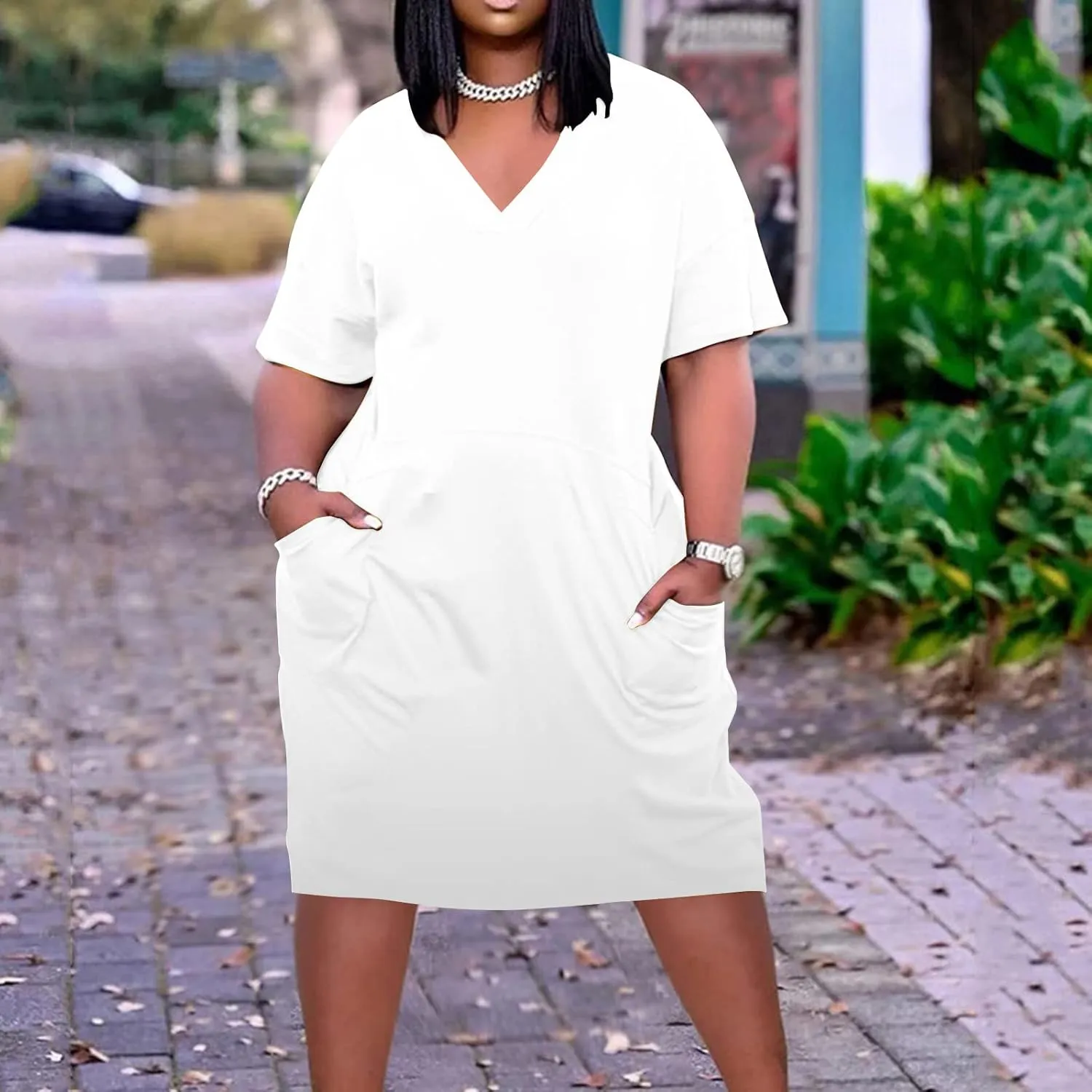 Women Oversized Shirt Dress V Neck Short Sleeve Midi Dresses Casual Summer Loose Plus Size Drees with Pockets