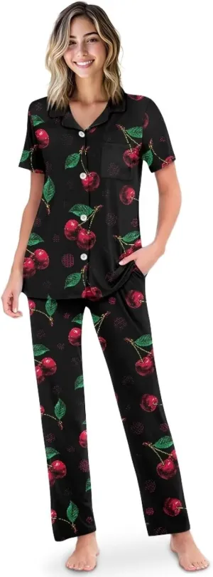 Women Pajamas Sets 2 Piece Short Sleeve Sleepwear Button Down Nightwear with Long Pants Soft Pjs Lounge Set S-XXL