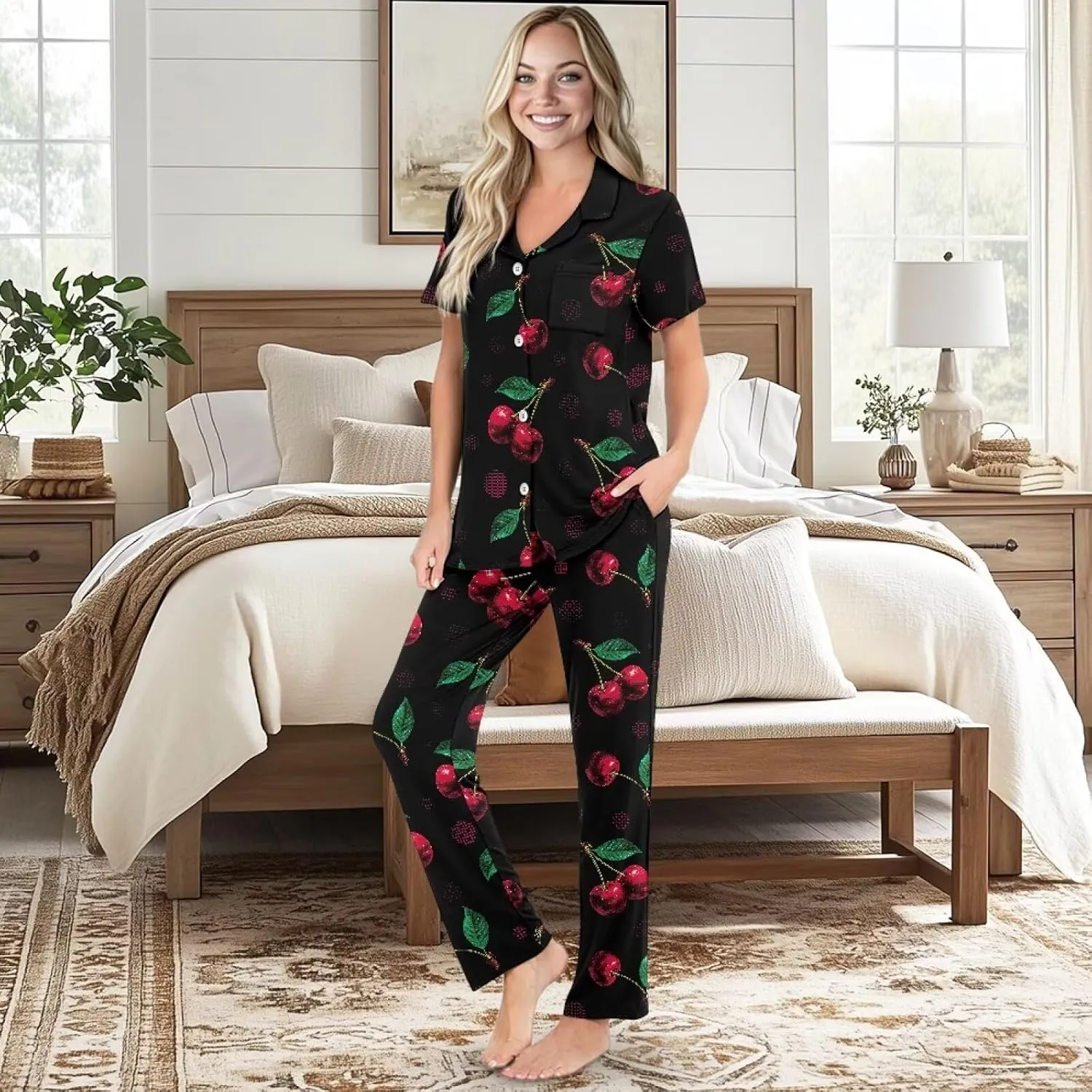 Women Pajamas Sets 2 Piece Short Sleeve Sleepwear Button Down Nightwear with Long Pants Soft Pjs Lounge Set S-XXL