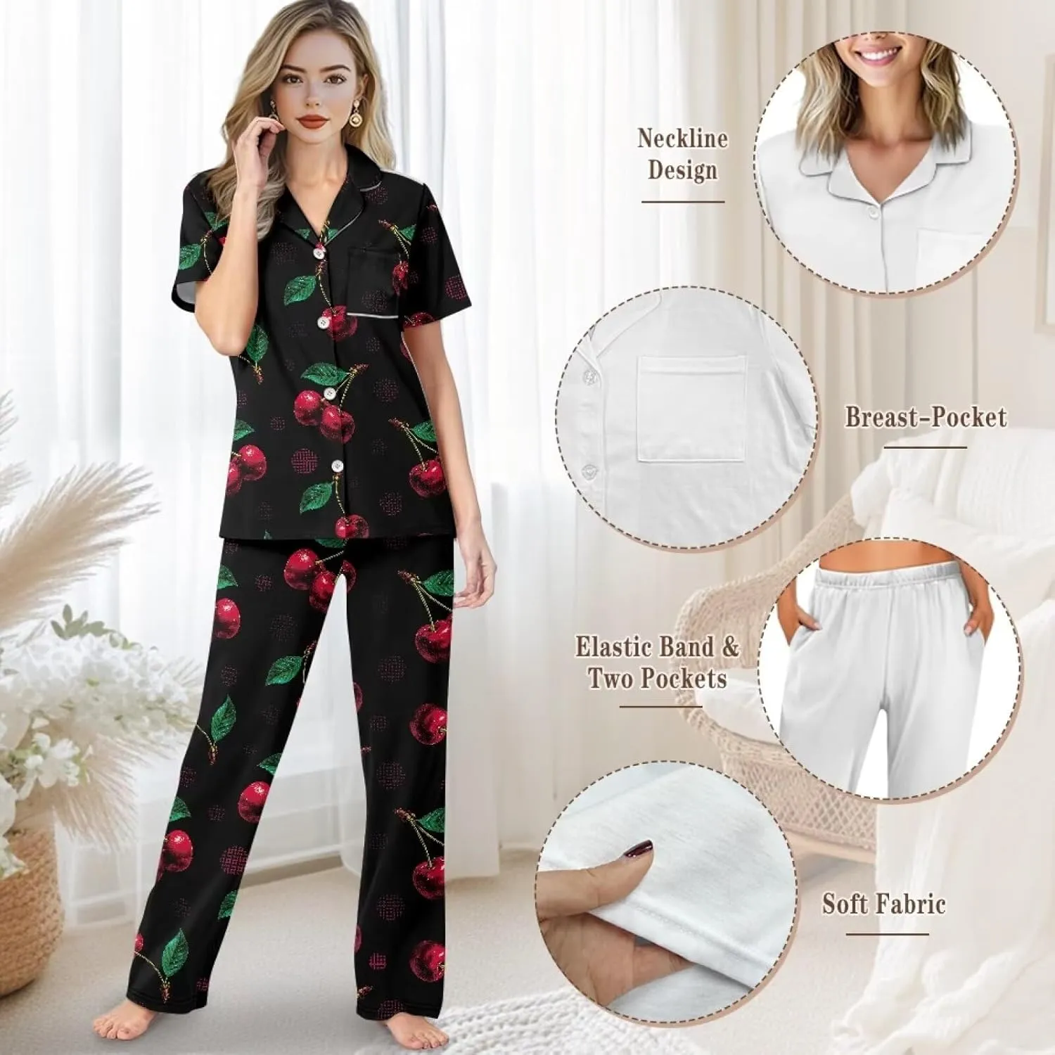 Women Pajamas Sets 2 Piece Short Sleeve Sleepwear Button Down Nightwear with Long Pants Soft Pjs Lounge Set S-XXL
