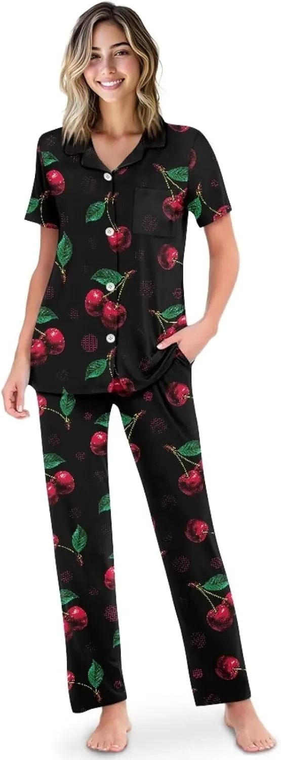 Women Pajamas Sets 2 Piece Short Sleeve Sleepwear Button Down Nightwear with Long Pants Soft Pjs Lounge Set S-XXL