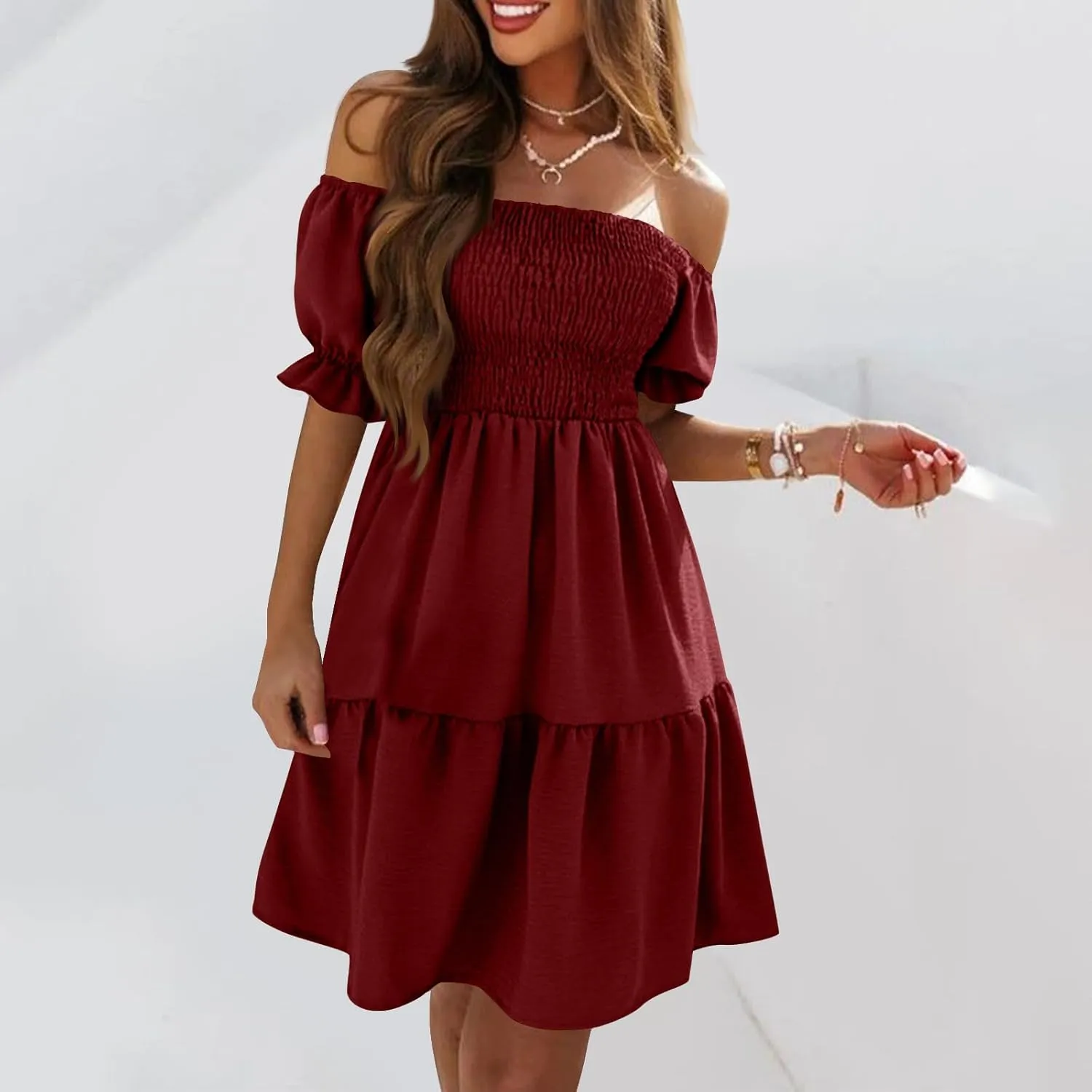 Women's 2024 Boho Summer Square Neck Puff Sleeve Off Shoulder Smocked Tiered Casual Ruffle A Line Flowy Mini Dress