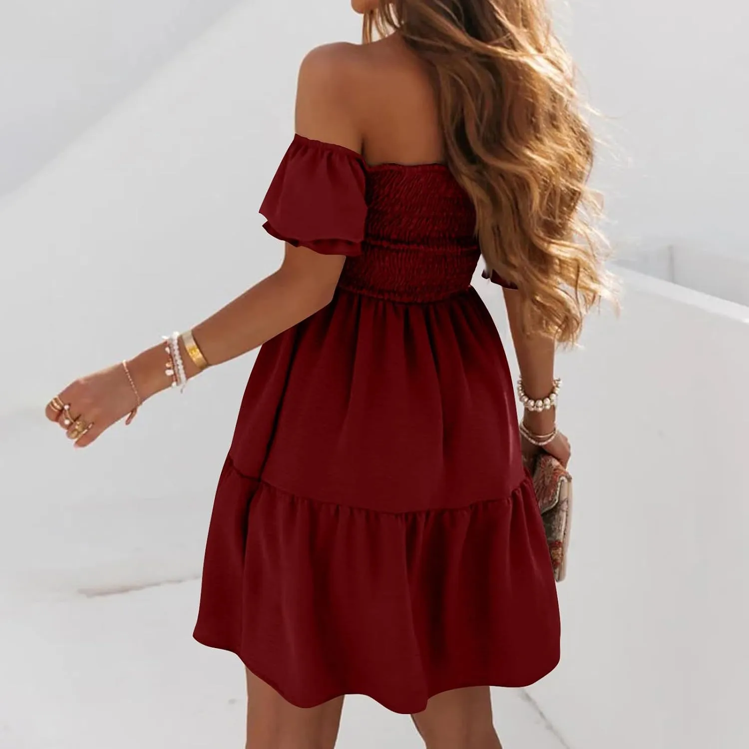 Women's 2024 Boho Summer Square Neck Puff Sleeve Off Shoulder Smocked Tiered Casual Ruffle A Line Flowy Mini Dress