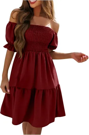 Women's 2024 Boho Summer Square Neck Puff Sleeve Off Shoulder Smocked Tiered Casual Ruffle A Line Flowy Mini Dress