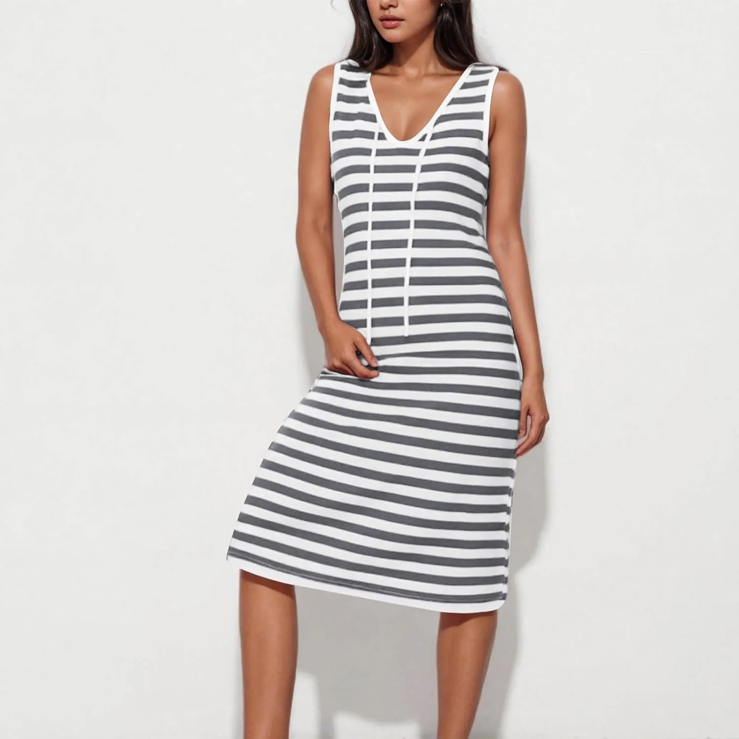 Women's 2025 Summer V Neck Striped Color Block Tank Dress Sleeveless Side Slit Casual Midi Beach Vacation Sundress