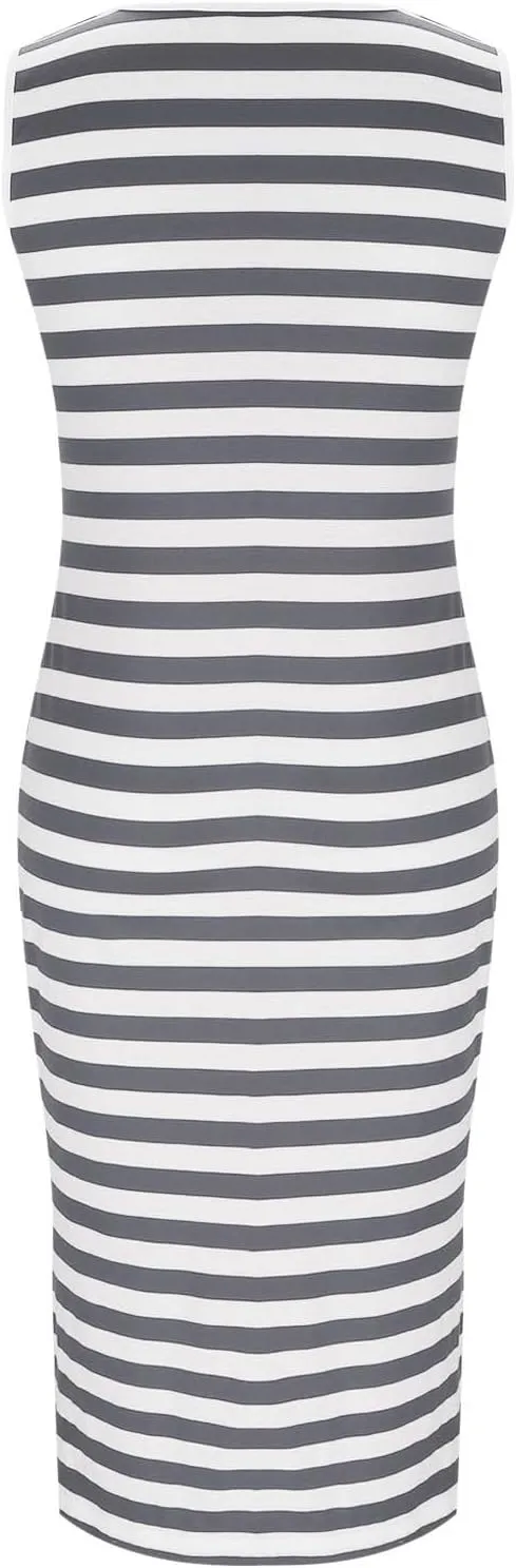 Women's 2025 Summer V Neck Striped Color Block Tank Dress Sleeveless Side Slit Casual Midi Beach Vacation Sundress