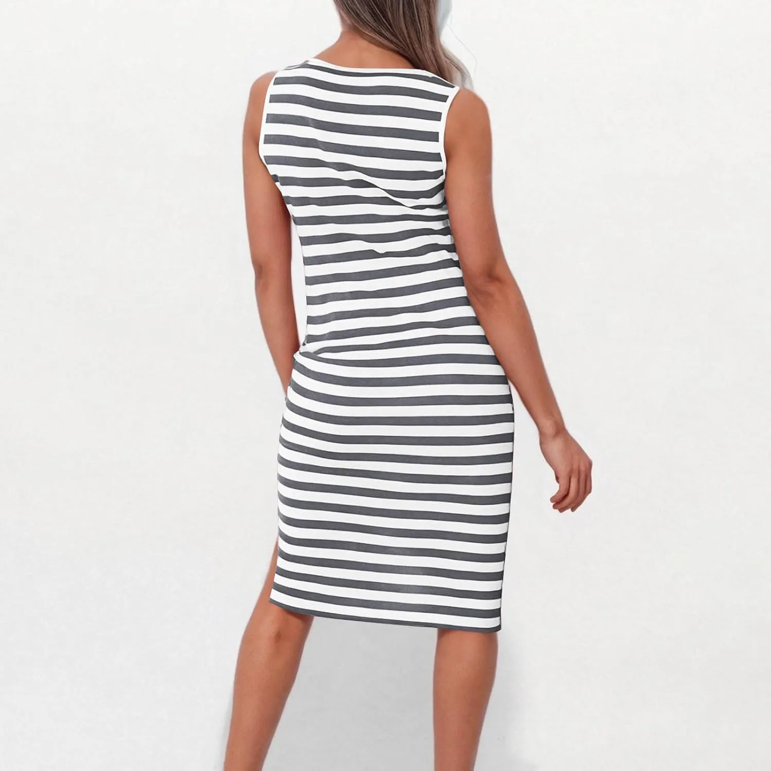 Women's 2025 Summer V Neck Striped Color Block Tank Dress Sleeveless Side Slit Casual Midi Beach Vacation Sundress