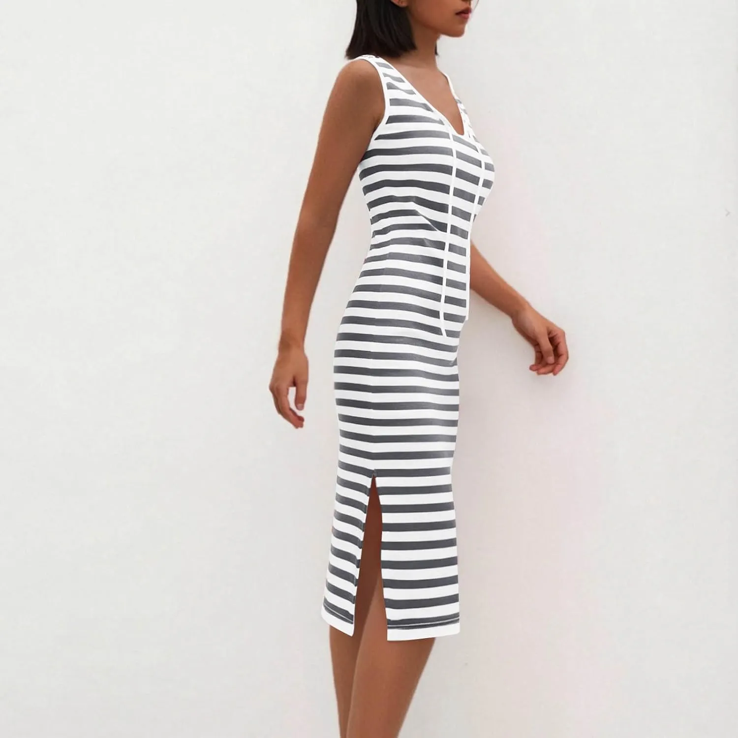 Women's 2025 Summer V Neck Striped Color Block Tank Dress Sleeveless Side Slit Casual Midi Beach Vacation Sundress