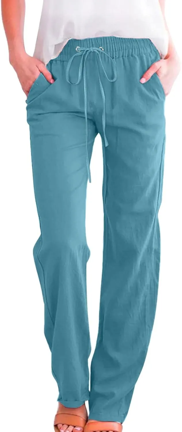 Womens Casual Cotton Linen Pants Lightweight Summer Relax Elastic Waist Plus Size Solid Lounge Long Trousers