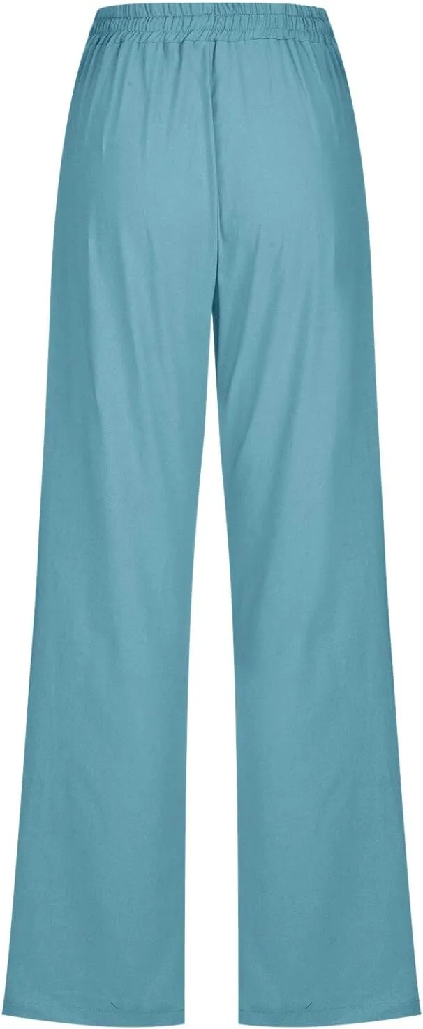 Womens Casual Cotton Linen Pants Lightweight Summer Relax Elastic Waist Plus Size Solid Lounge Long Trousers
