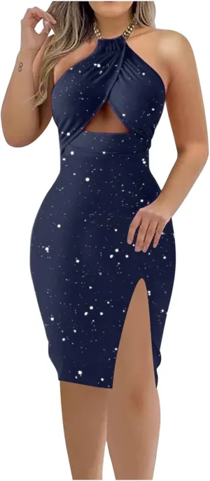 Women's Chain Halter Sparkly Rhinestone Cocktail Dress Bodycon Cut Out Side Split Hem Midi Wedding Guest Party Dresses