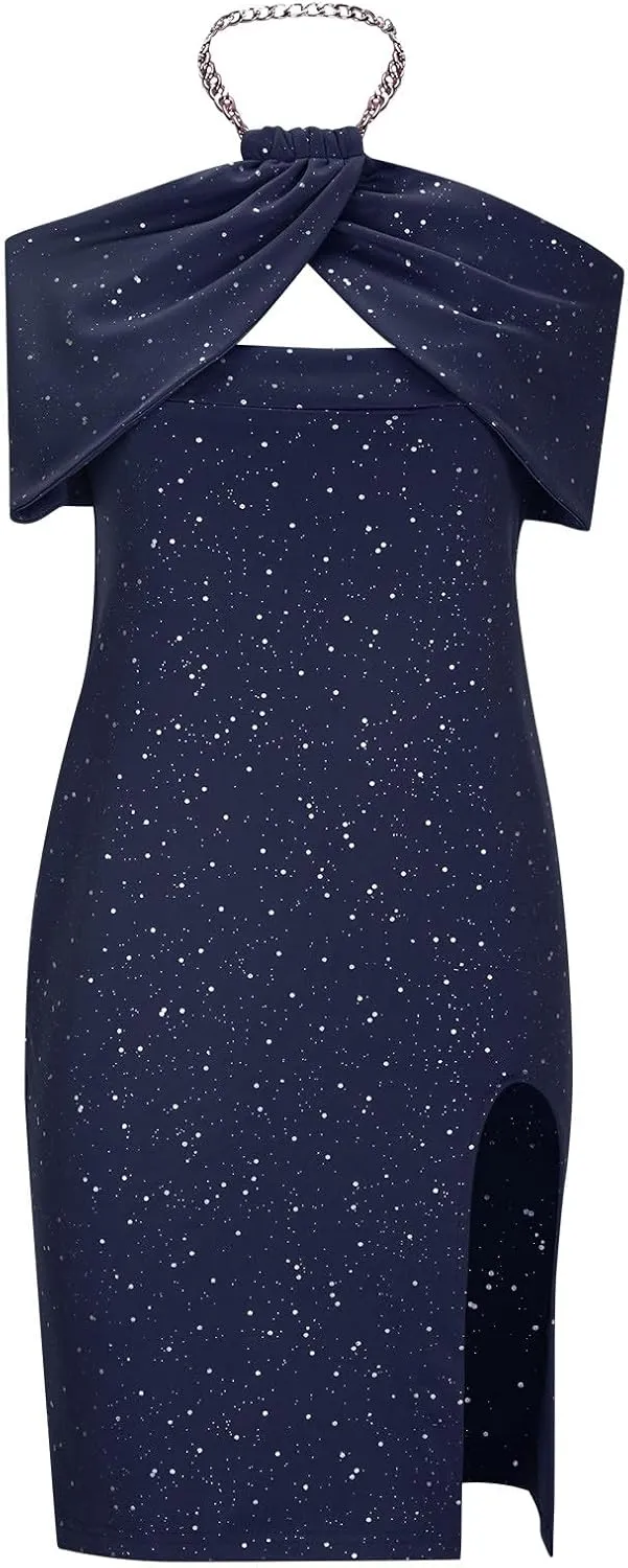 Women's Chain Halter Sparkly Rhinestone Cocktail Dress Bodycon Cut Out Side Split Hem Midi Wedding Guest Party Dresses