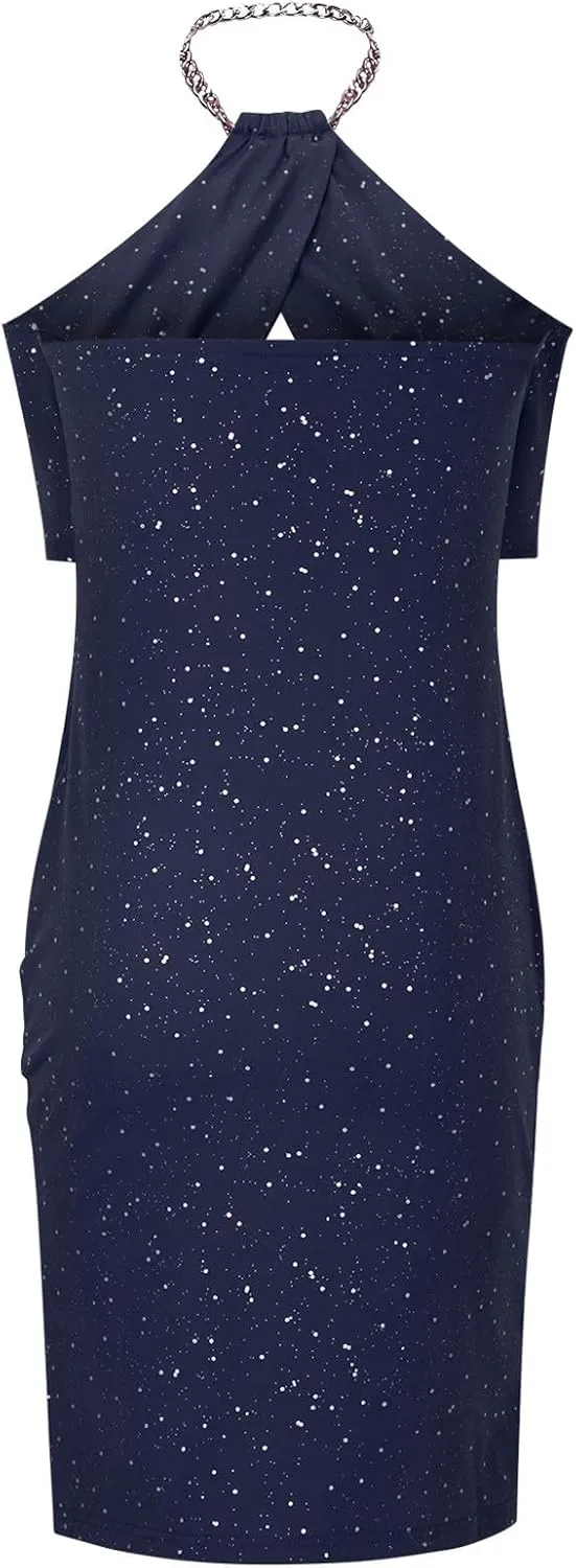 Women's Chain Halter Sparkly Rhinestone Cocktail Dress Bodycon Cut Out Side Split Hem Midi Wedding Guest Party Dresses